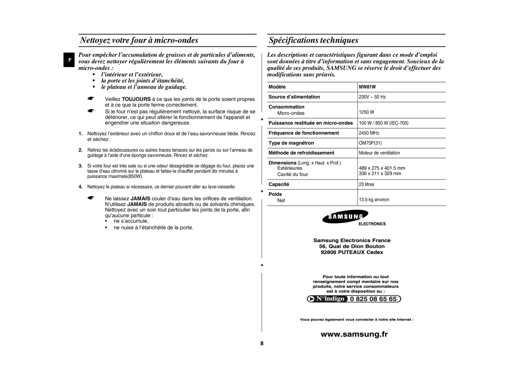 Samsung MW81W/XEF manual Nettoyez votre four à micro-ondes Spécifications techniques 