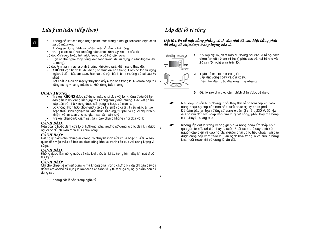 Samsung MW81Z/XSV manual Löu yù an toaøn tieáp theo, Laép ñaët loø vi soùng, Quan Troïng, Caûnh Baùo 