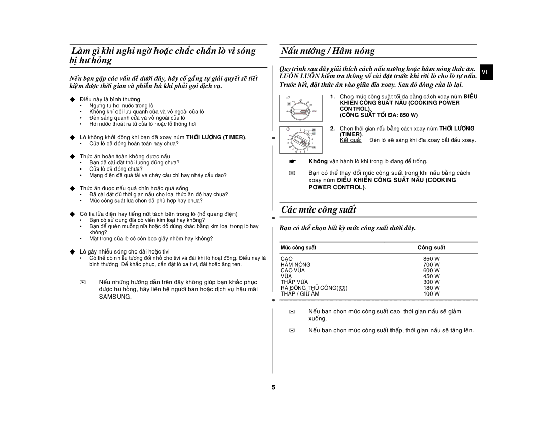 Samsung MW81Z/XSV manual Naáu nöôùng / Haâm noùng, Caùc möùc coâng suaát 