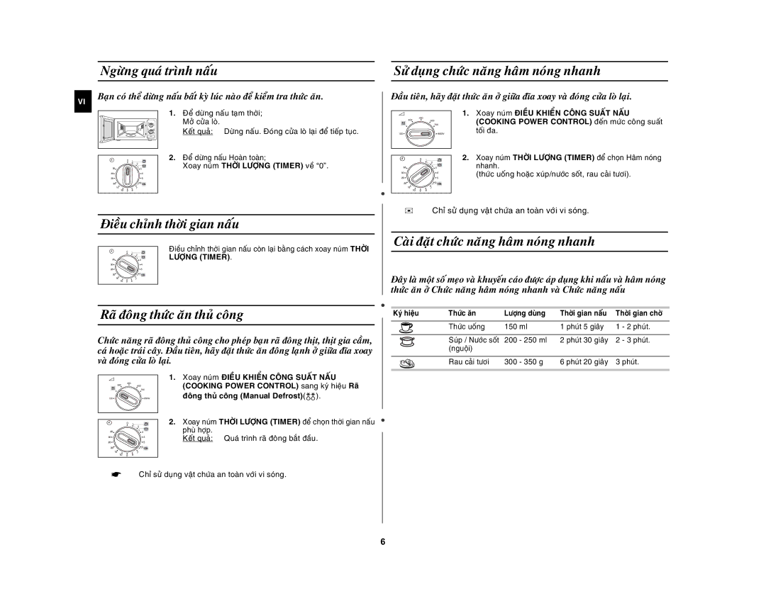 Samsung MW81Z/XSV manual Ngöøng quaù trình naáu, Ñieàu chænh thôøi gian naáu, Caøi ñaët chöùc naêng haâm noùng nhanh 