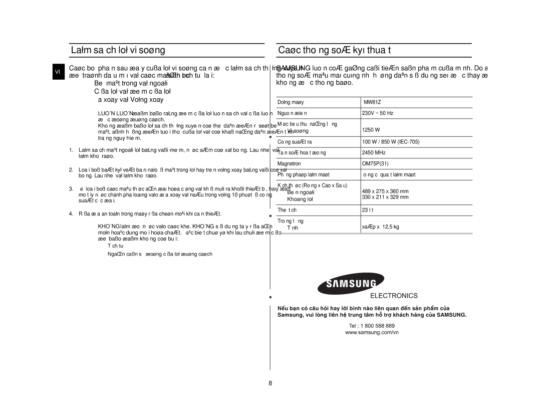 Samsung MW81Z/XSV manual Laøm saïch loø vi soùng, Caùc thoâng soá kyõ thuaät 