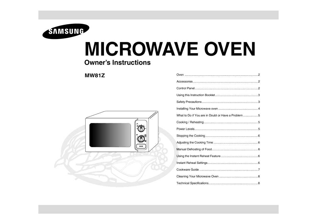 Samsung MW81Z/XSV manual Microwave Oven 