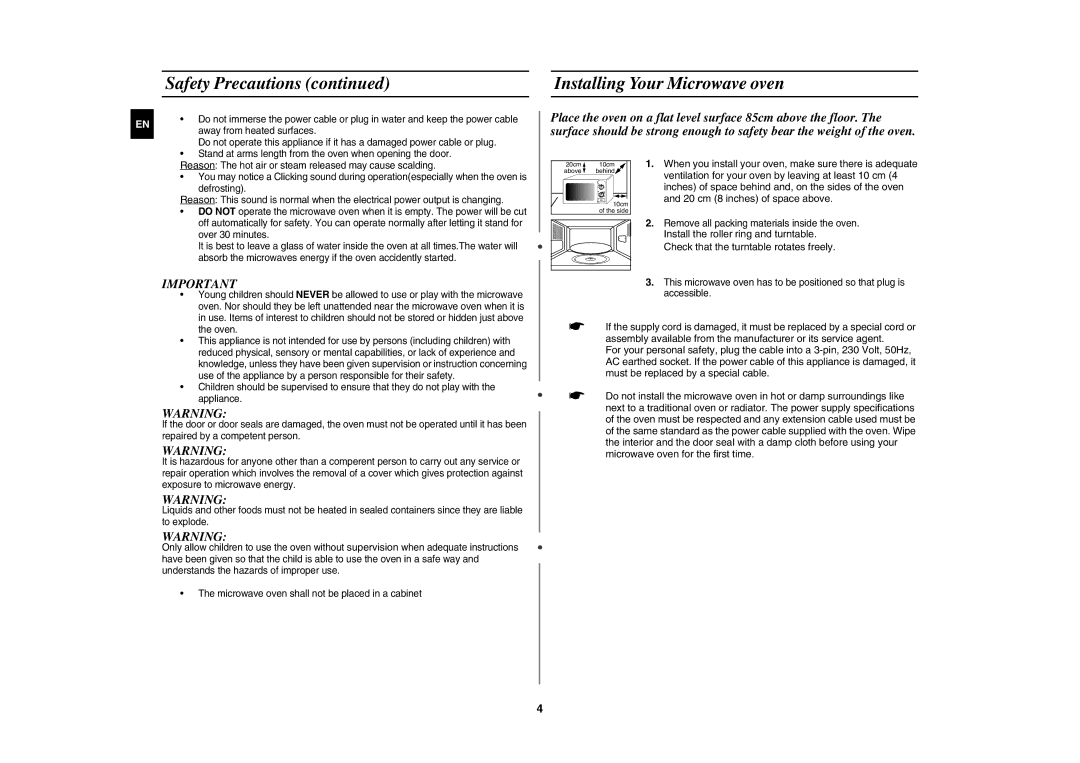 Samsung MW81Z/XSV manual Installing Your Microwave oven, Ventilation for your oven by leaving at least 10 cm 