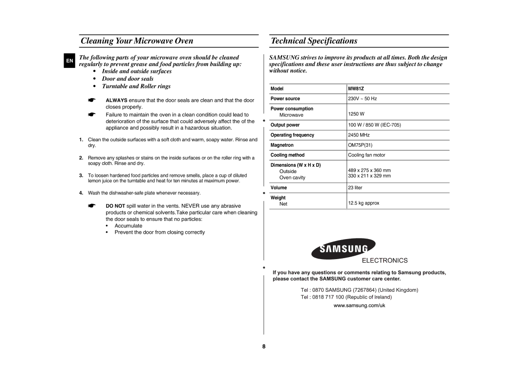 Samsung MW81Z/XSV manual Cleaning Your Microwave Oven Technical Specifications, Outside, Oven cavity, Net 