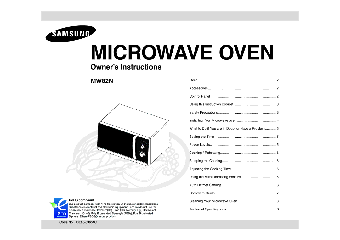 Samsung MW82N-S/BOL, MW82N-B/BOL, FW313T002/XEE manual Microwave Oven, Code No. DE68-03651C 