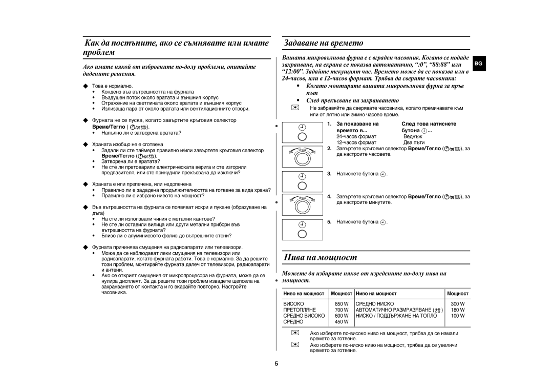 Samsung MW82N-BP/BOL manual Нива на мощност, Как да постъпите, ако се съмнявате или имате проблем, Задаване на времето 