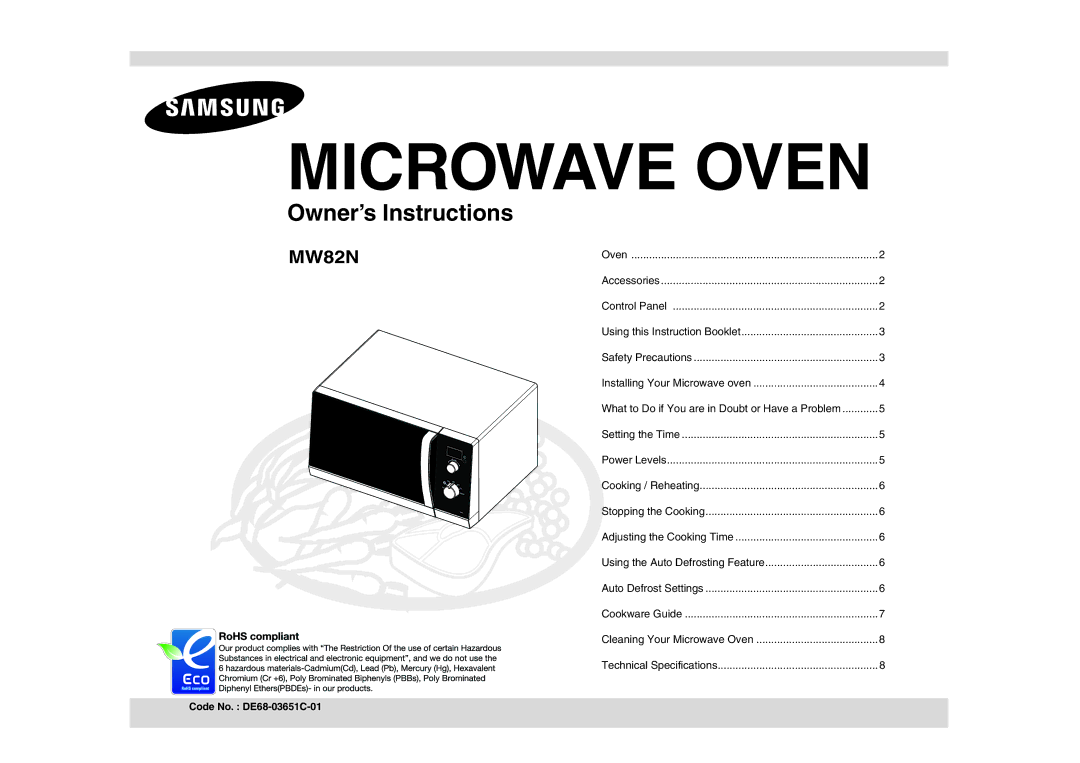 Samsung MW82N-BP/BOL manual Microwave Oven, Code No. DE68-03651C-01 