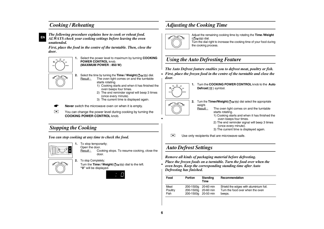 Samsung MW82N-BP/BOL manual Cooking / Reheating, Stopping the Cooking, Adjusting the Cooking Time, Auto Defrost Settings 