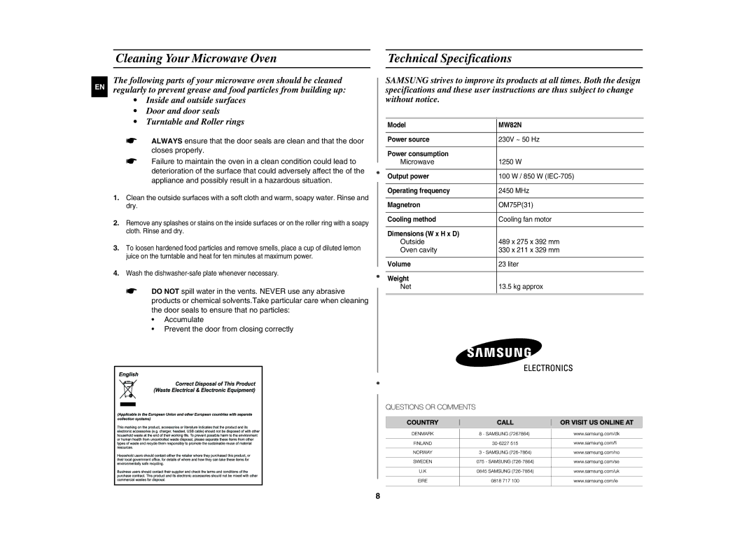 Samsung MW82N-B/XEE, MW82N-S/XEE manual Cleaning Your Microwave Oven, Technical Specifications 