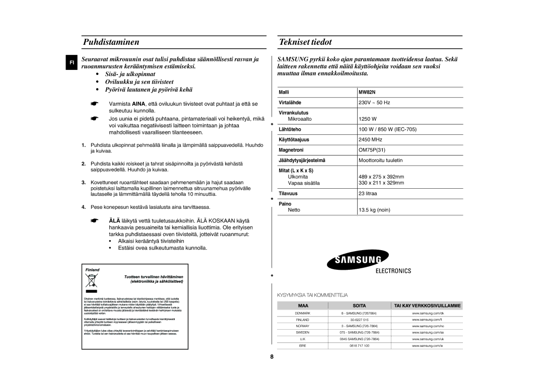 Samsung MW82N-B/XEE, MW82N-S/XEE manual Puhdistaminen, Tekniset tiedot 