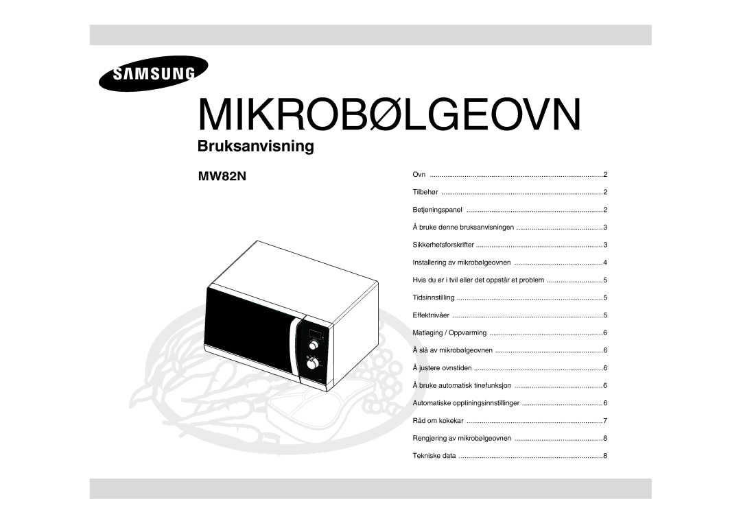 Samsung MW82N-S/XEE, MW82N-B/XEE manual Mikrobølgeovn 