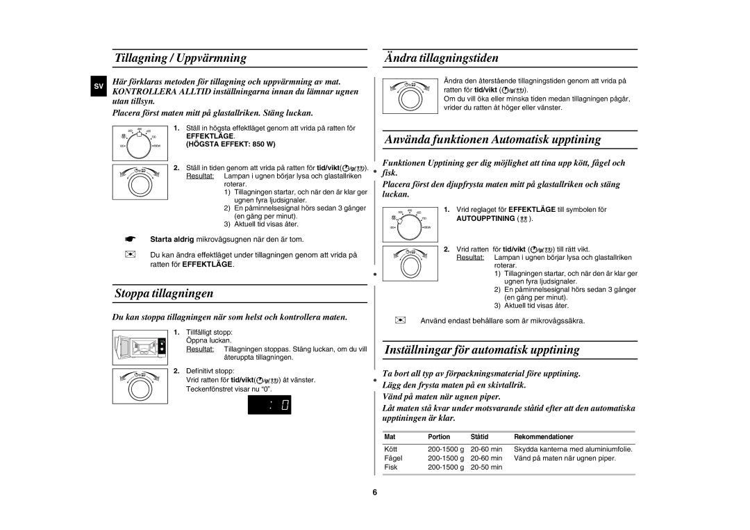 Samsung MW82N-B/XEE, MW82N-S/XEE manual Tillagning / Uppvärmning Ändra tillagningstiden, Stoppa tillagningen, För tid/vikt 