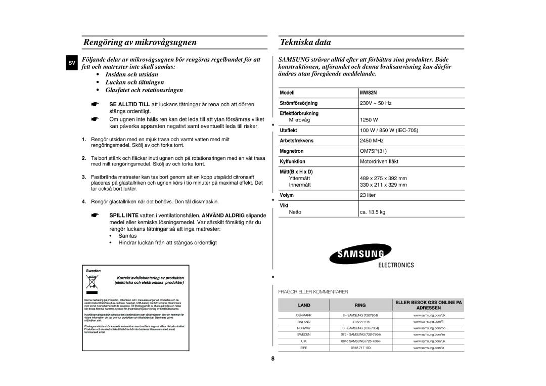 Samsung MW82N-B/XEE, MW82N-S/XEE manual Rengöring av mikrovågsugnen, Tekniska data 