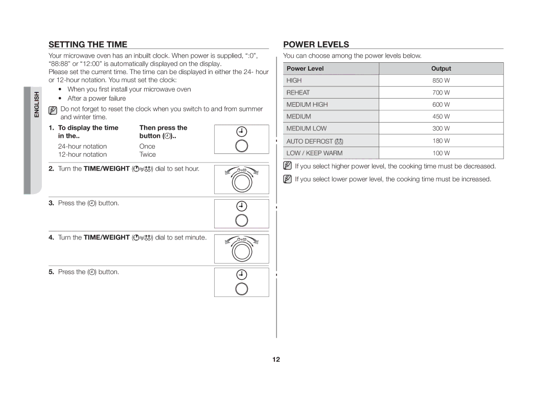 Samsung MW82N-S/SLI manual Setting the time, Power levels 