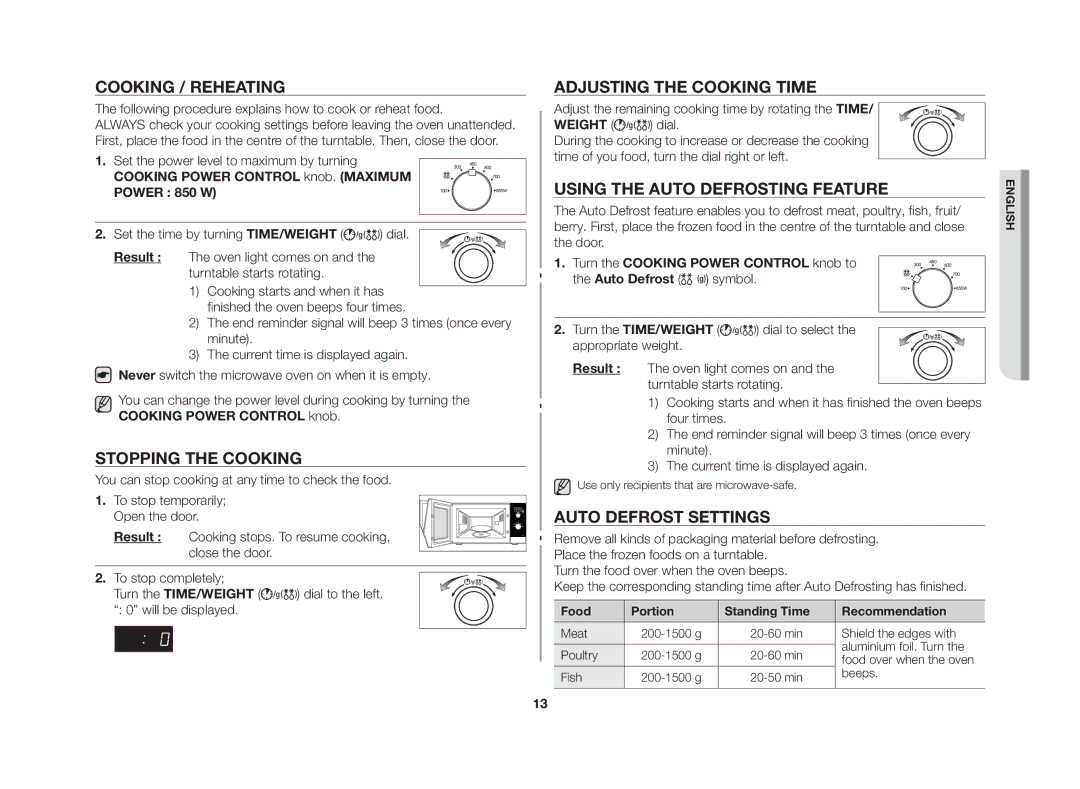 Samsung MW82N-S/SLI manual Cooking / Reheating, Stopping the cooking, Adjusting the Cooking Time, Auto Defrost Settings 