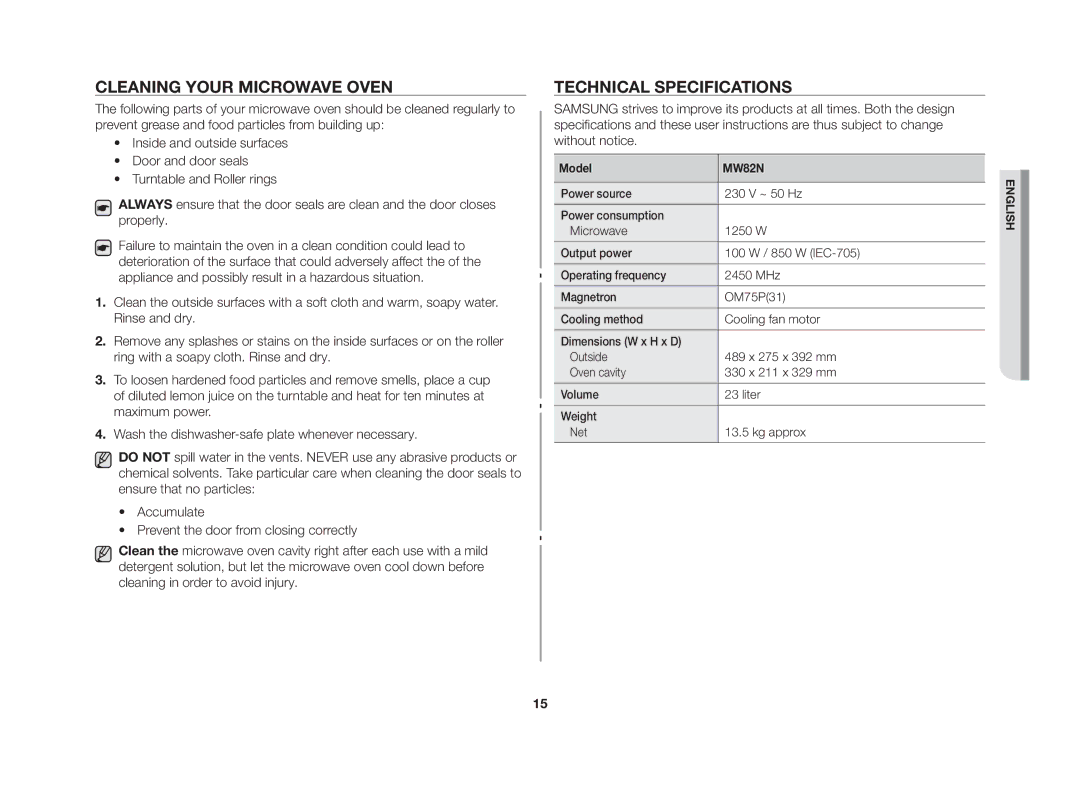 Samsung MW82N-S/SLI manual Cleaning your microwave oven, Technical specifications 