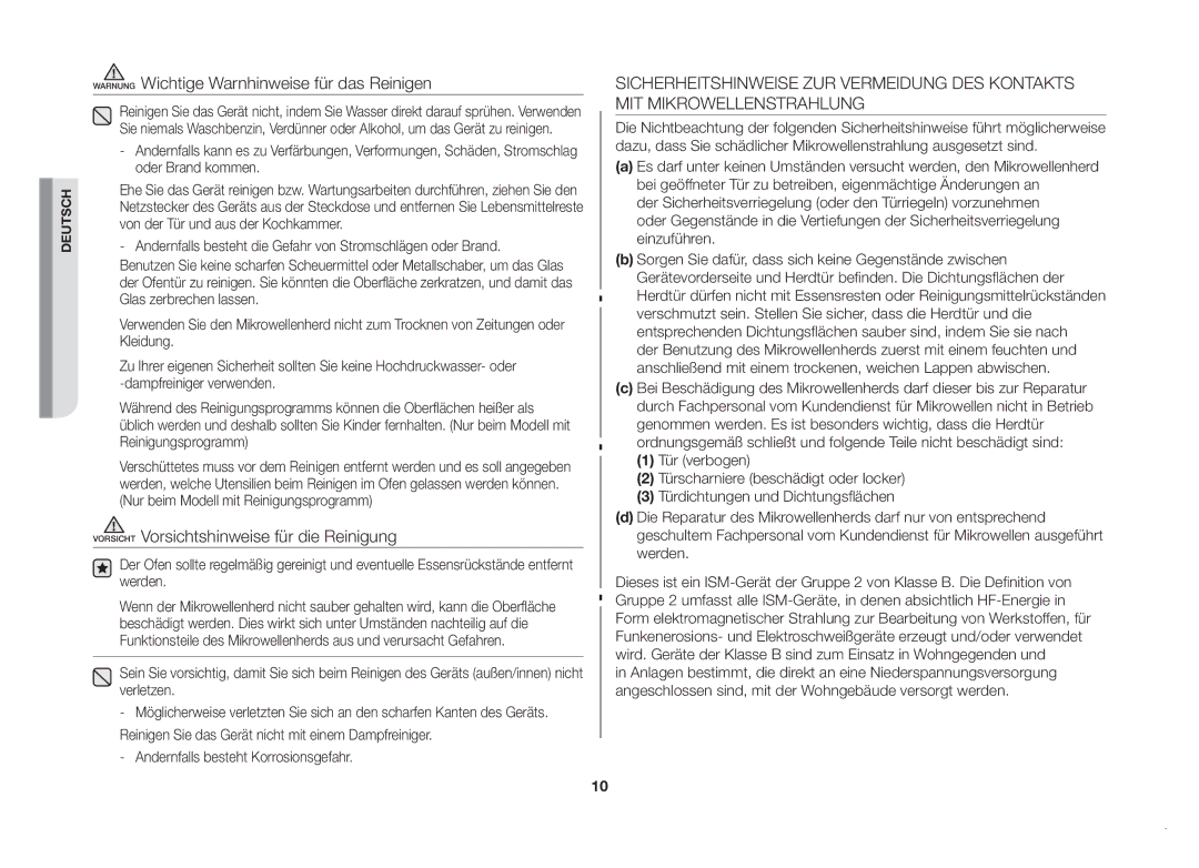 Samsung MW82N-SX/XEG manual Warnung Wichtige Warnhinweise für das Reinigen, Vorsicht Vorsichtshinweise für die Reinigung 