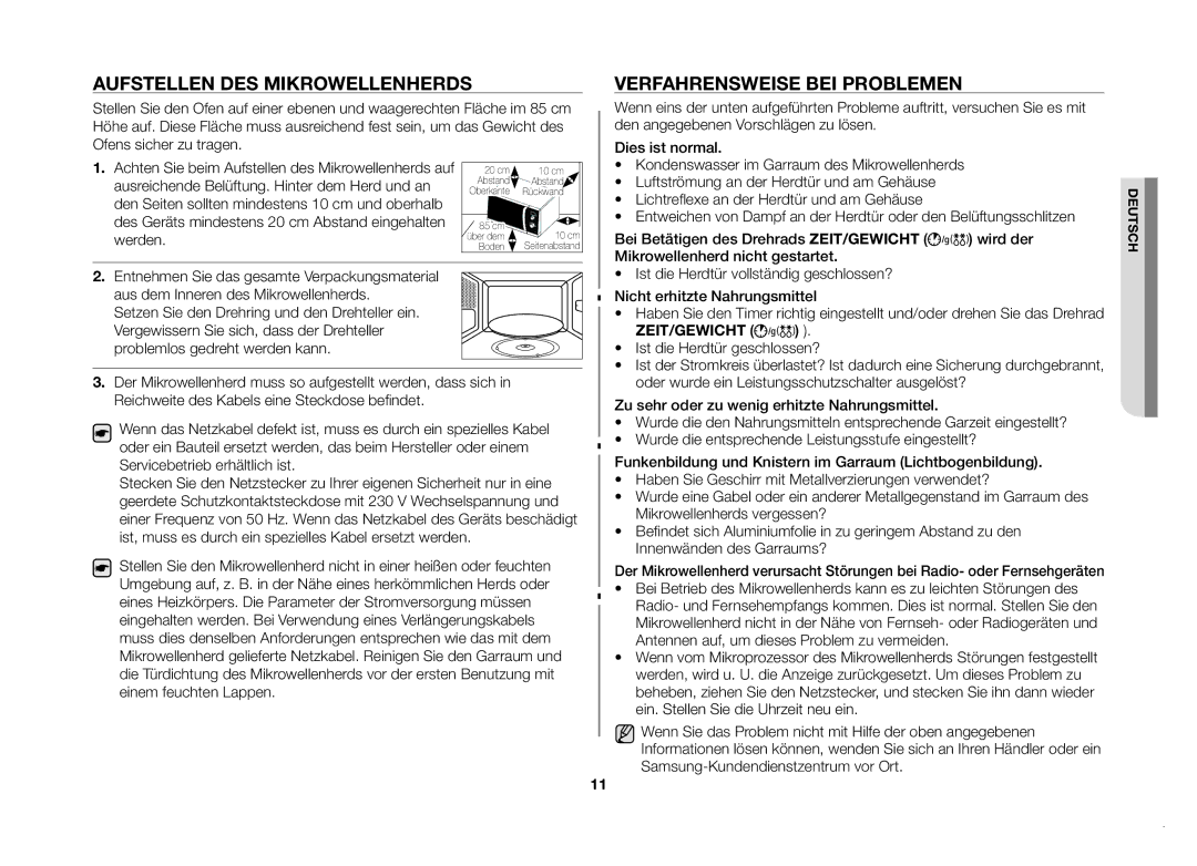 Samsung MW82N-X/XEG, MW82N-SX/XEG manual Aufstellen des Mikrowellenherds, Verfahrensweise bei Problemen 