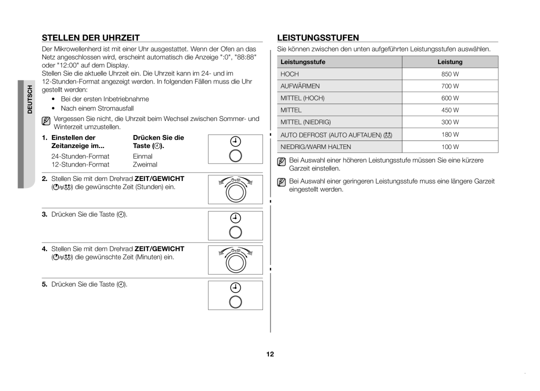 Samsung MW82N-SX/XEG, MW82N-X/XEG manual Stellen der Uhrzeit, Leistungsstufen 