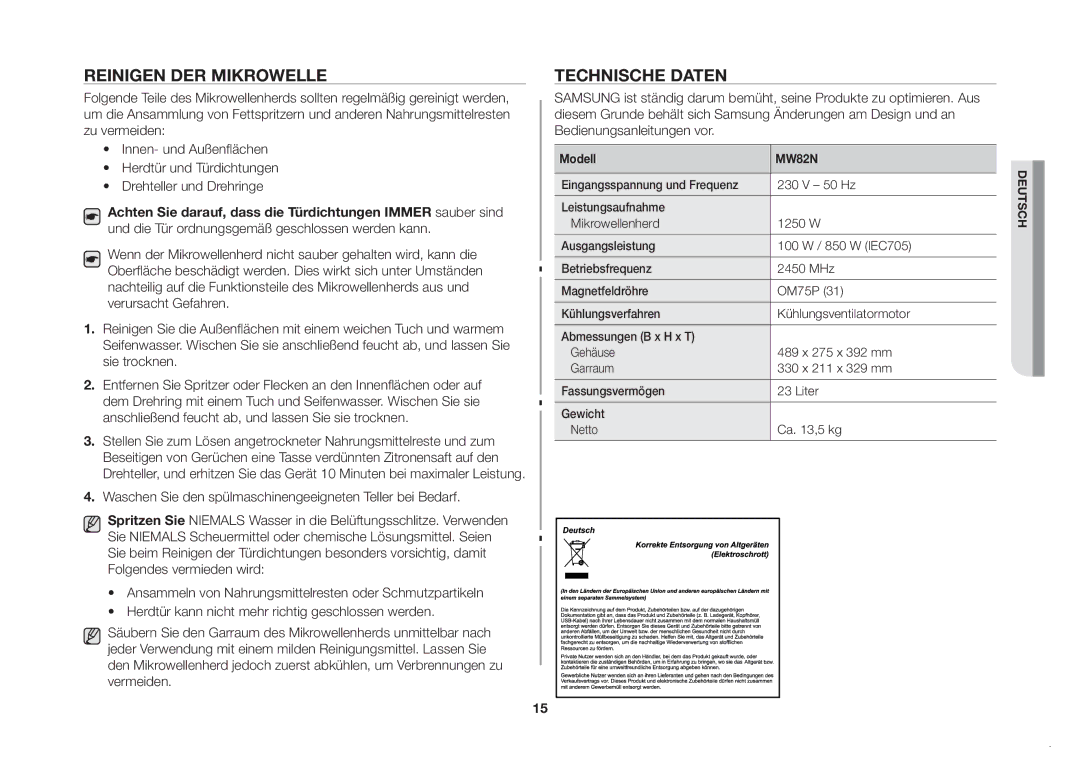 Samsung MW82N-X/XEG, MW82N-SX/XEG manual Reinigen der Mikrowelle, Technische Daten 