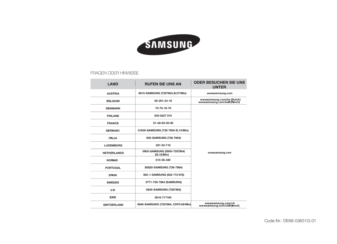 Samsung MW82N-SX/XEG, MW82N-X/XEG manual Code-Nr. DE68-03651G-01 