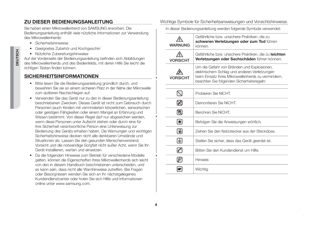 Samsung MW82N-SX/XEG, MW82N-X/XEG manual Zu dieser Bedienungsanleitung, Sicherheitsinformationen 