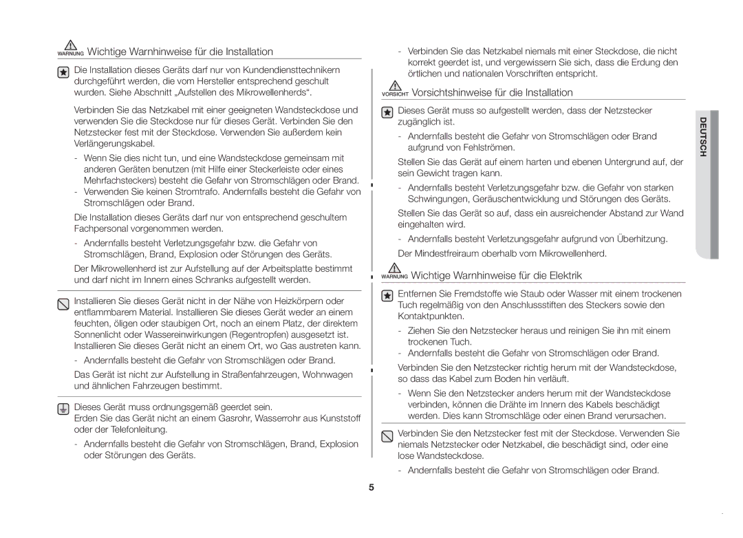 Samsung MW82N-X/XEG Warnung Wichtige Warnhinweise für die Installation, Vorsicht Vorsichtshinweise für die Installation 