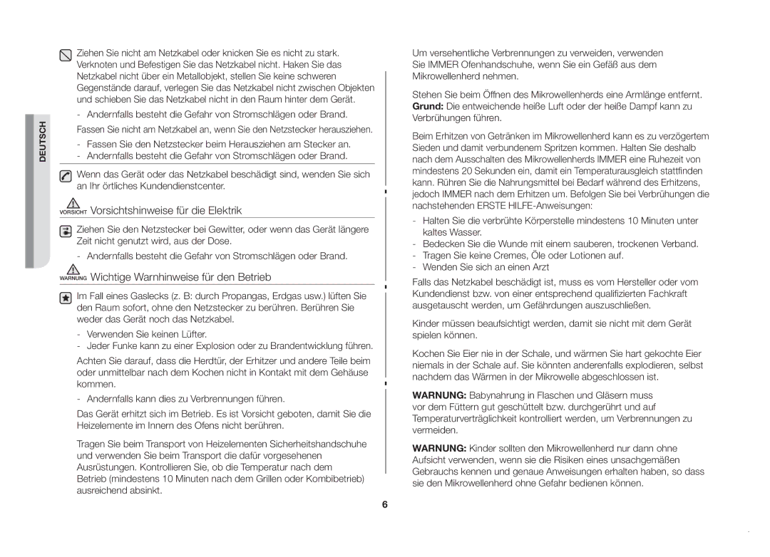 Samsung MW82N-SX/XEG manual Vorsicht Vorsichtshinweise für die Elektrik, Warnung Wichtige Warnhinweise für den Betrieb 