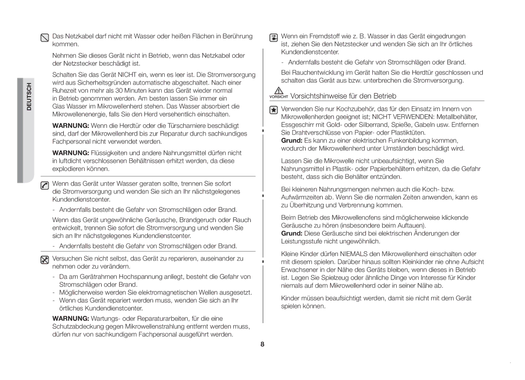 Samsung MW82N-SX/XEG, MW82N-X/XEG manual Vorsicht Vorsichtshinweise für den Betrieb 