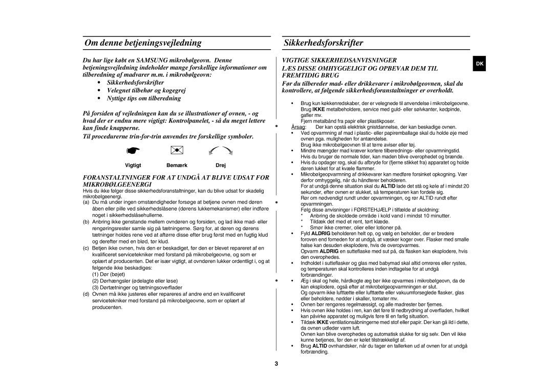 Samsung MW82P-B/XEE manual Om denne betjeningsvejledning, Sikkerhedsforskrifter, Vigtigt Bemærk Drej 