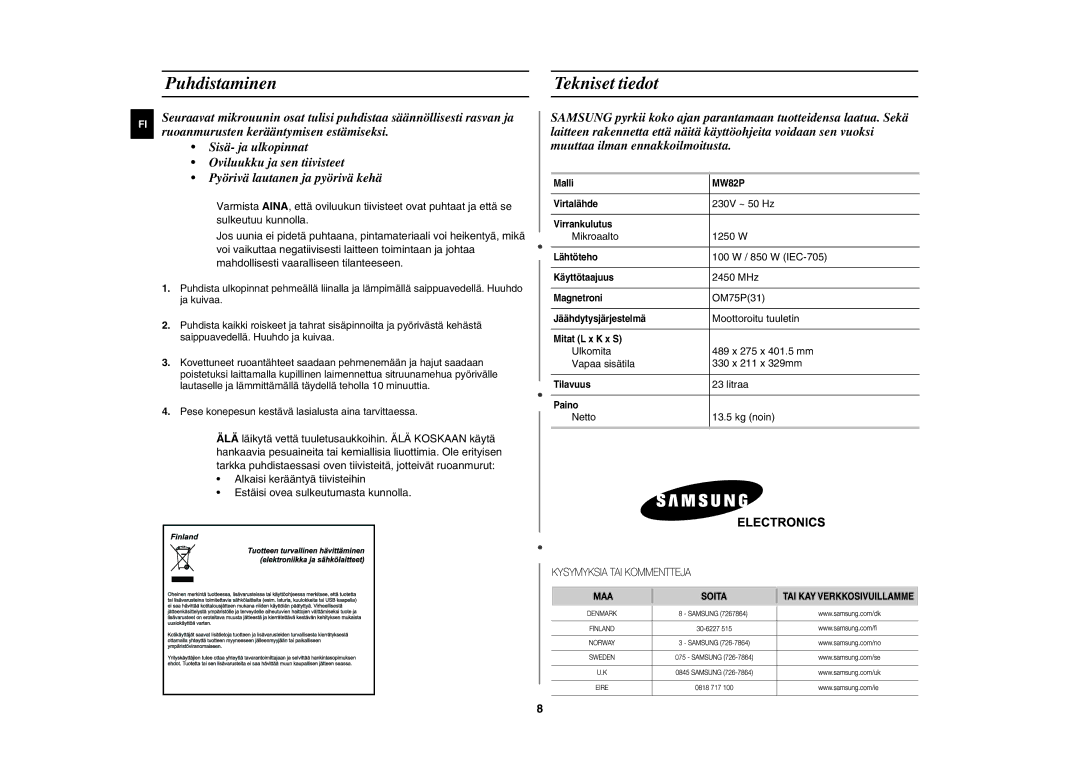 Samsung MW82P-B/XEE manual Puhdistaminen, Tekniset tiedot 