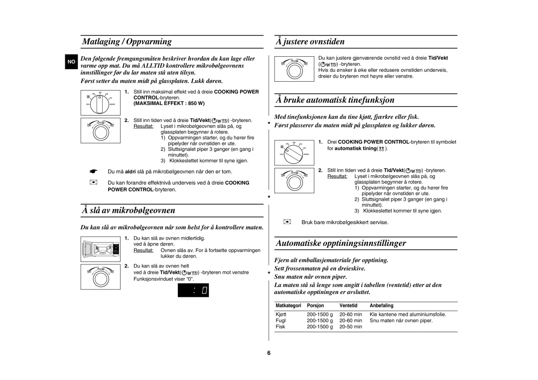 Samsung MW82P-B/XEE manual Matlaging / Oppvarming Justere ovnstiden, Slå av mikrobølgeovnen, Bruke automatisk tinefunksjon 