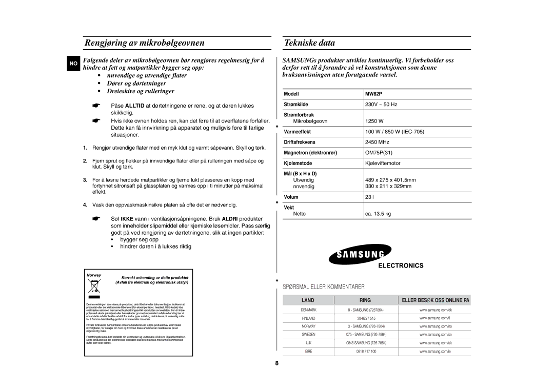 Samsung MW82P-B/XEE manual Rengjøring av mikrobølgeovnen, Tekniske data 