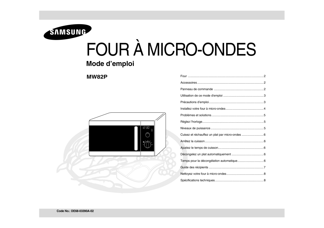 Samsung MW82P-SX/XEF, MW82P-BX/XEF, MW82P-X/XEF, MW82P/XEF manual Four À MICRO-ONDES, Code No. DE68-03390A-02 