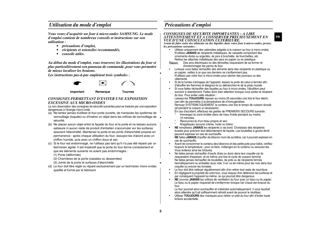 Samsung MW82P/XEF, MW82P-BX/XEF, MW82P-SX/XEF, MW82P-X/XEF manual Utilisation du mode demploi, Précautions d’emploi 