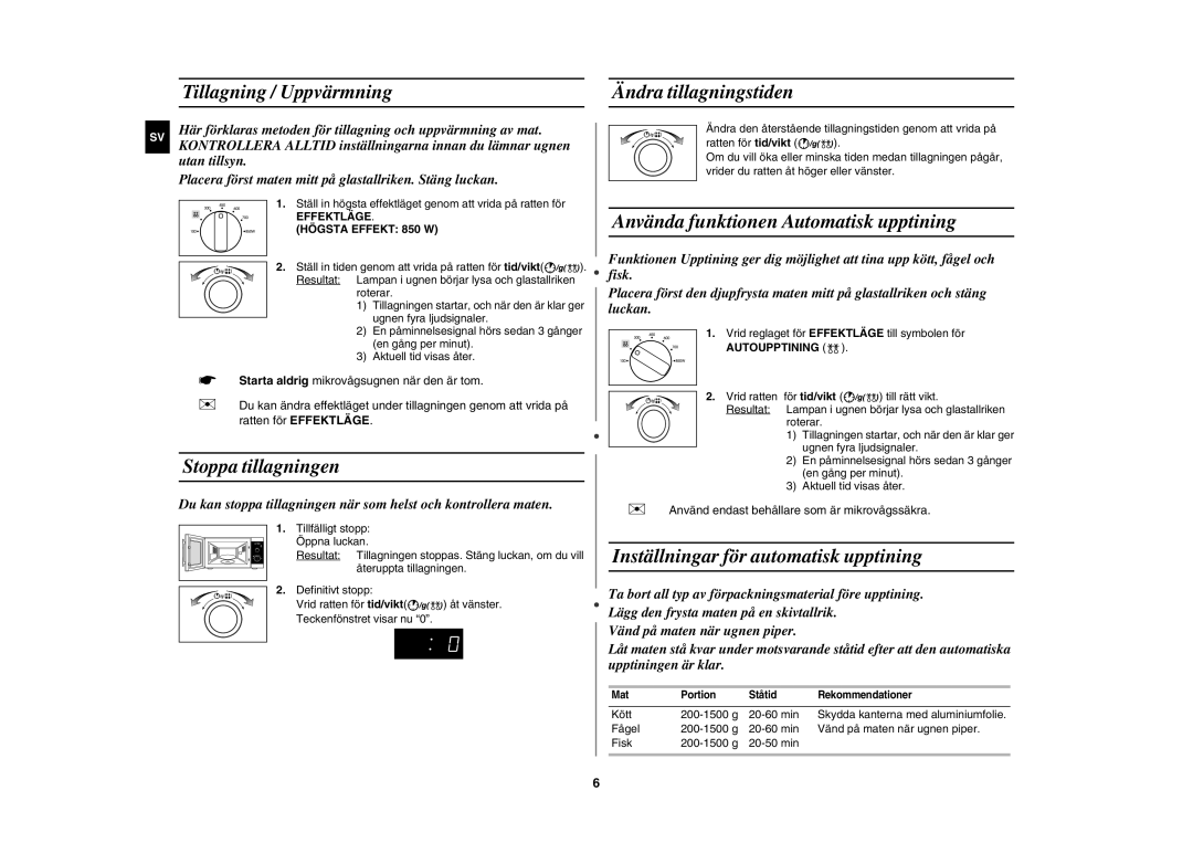 Samsung MW82P-S/XEE manual Tillagning / Uppvärmning Ändra tillagningstiden, Stoppa tillagningen, För tid/vikt 