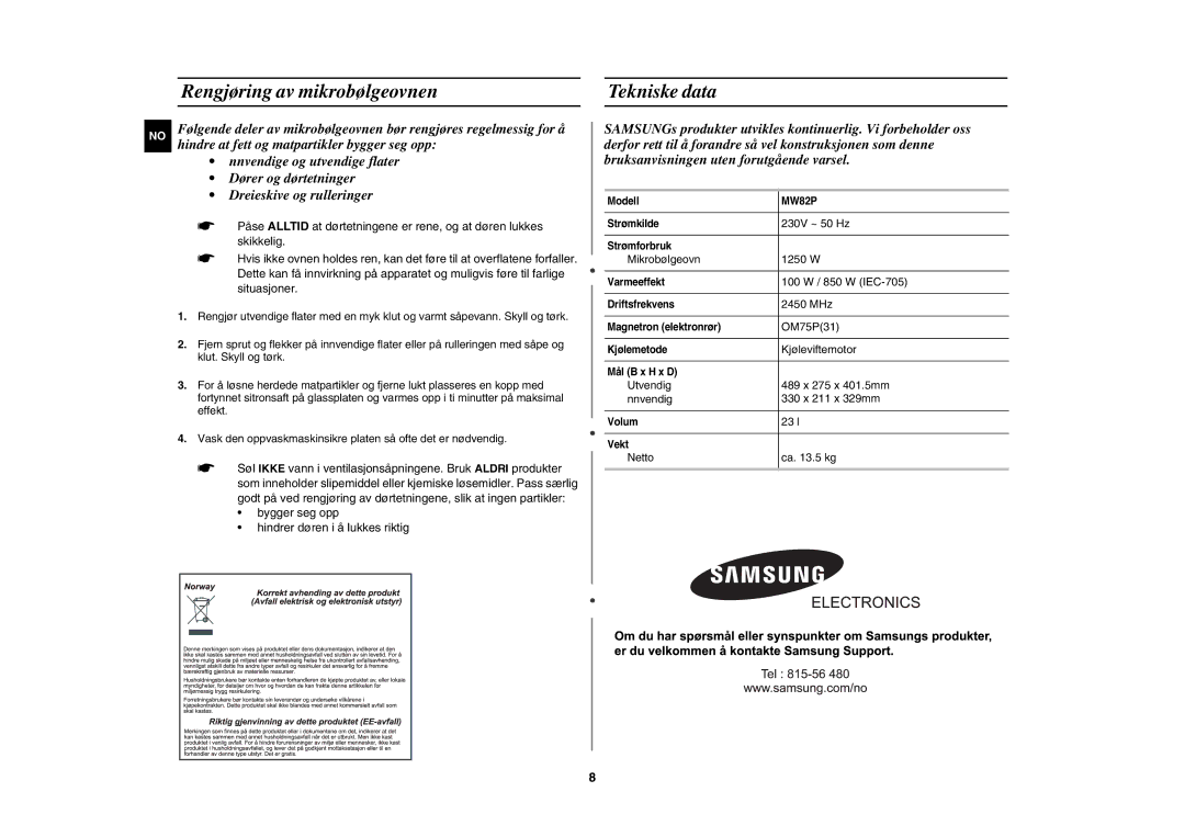 Samsung MW82P-S/XEE manual Rengjøring av mikrobølgeovnen, Tekniske data 