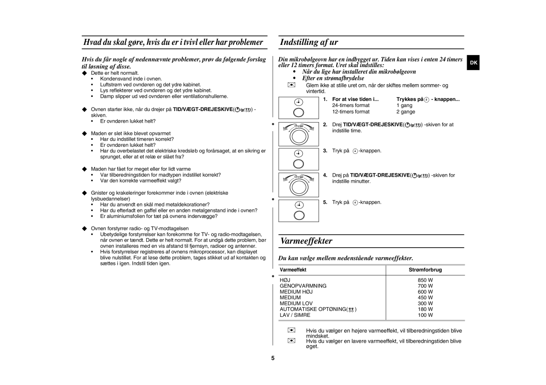 Samsung MW82P-S/XEE manual Indstilling af ur, Varmeeffekter, Hvad du skal gøre, hvis du er i tvivl eller har problemer 
