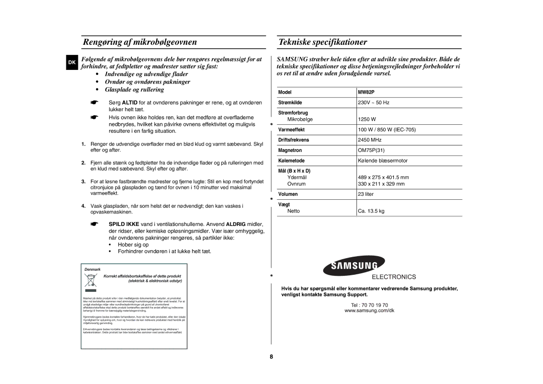 Samsung MW82P-S/XEE manual Rengøring af mikrobølgeovnen Tekniske specifikationer 