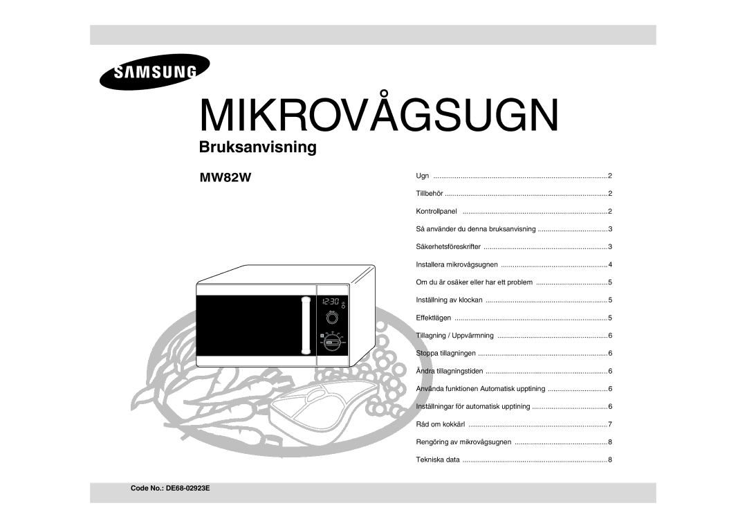 Samsung MW82W-S/XEE manual Code No. DE68-02923E, Säkerhetsföreskrifter 