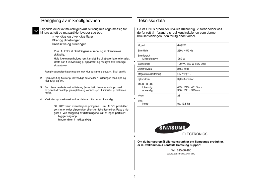 Samsung MW82W-S/XEE manual Rengjøring av mikrobølgeovnen, Tekniske data 