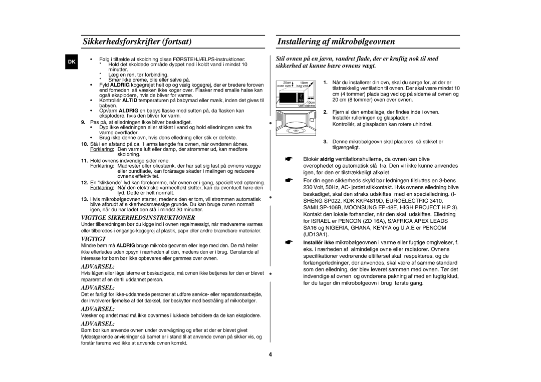 Samsung MW82W-S/XEE manual Tilstrækkelig ventilation til ovnen. Der skal være mindst 