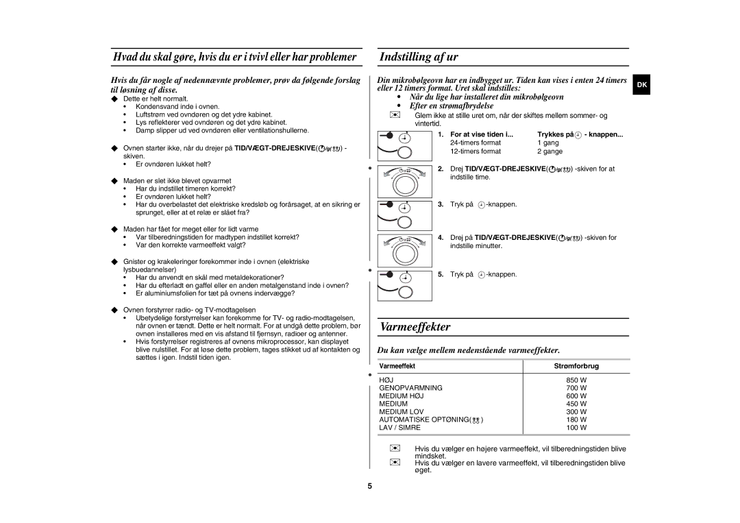 Samsung MW82W-S/XEE manual Indstilling af ur, Varmeeffekter, Hvad du skal gøre, hvis du er i tvivl eller har problemer 