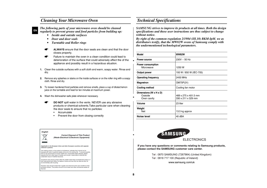 Samsung MW82W-S/XEH manual Cleaning Your Microwave Oven, Technical Specifications 