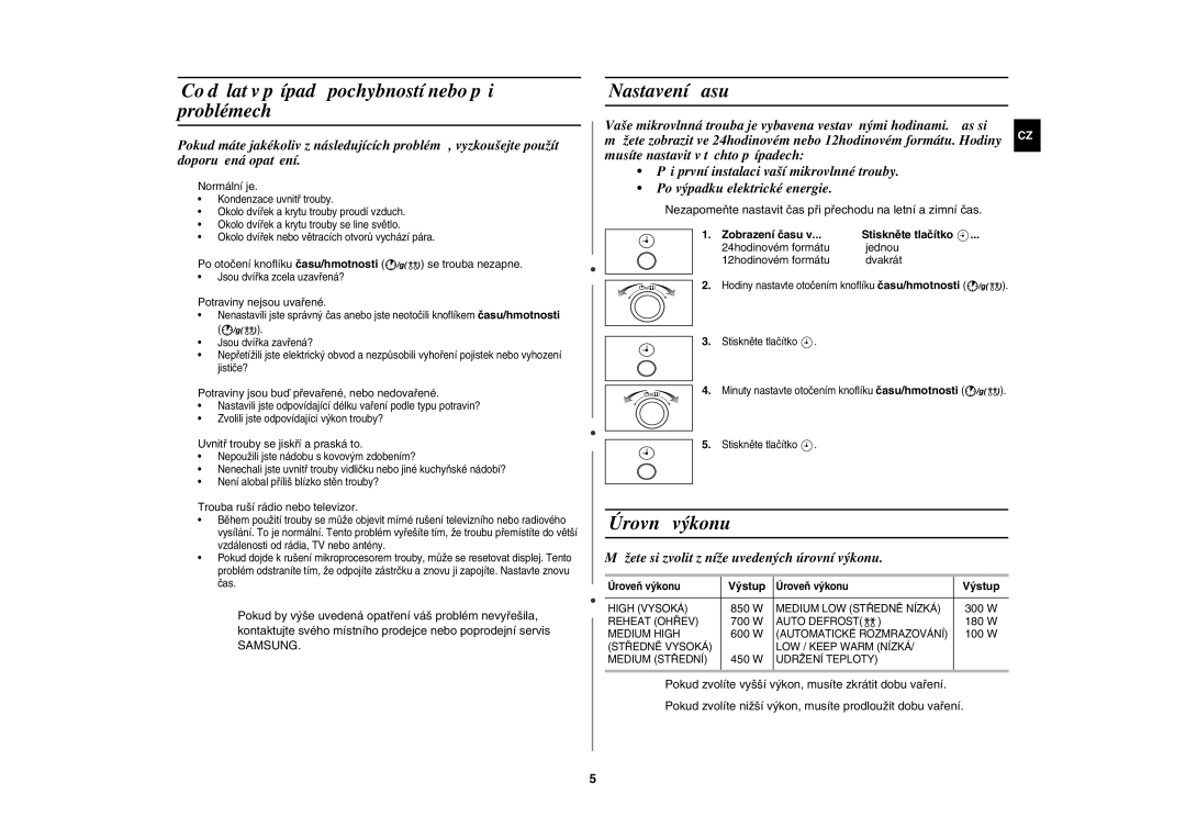 Samsung MW82W-S/XEH manual Co dělat v případě pochybností nebo při problémech, Nastavení času, Úrovně výkonu 