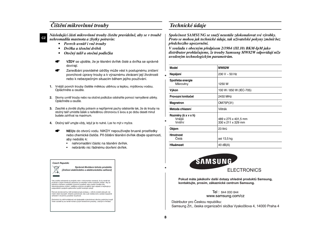 Samsung MW82W-S/XEH manual Čištění mikrovlnné trouby, Technické údaje 