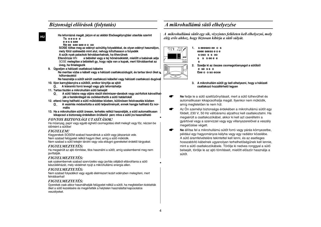 Samsung MW82W-S/XEH manual Fontos Biztonsági Utasítások, Figyelem, Figyelmeztetés, 20cm, Fölött 