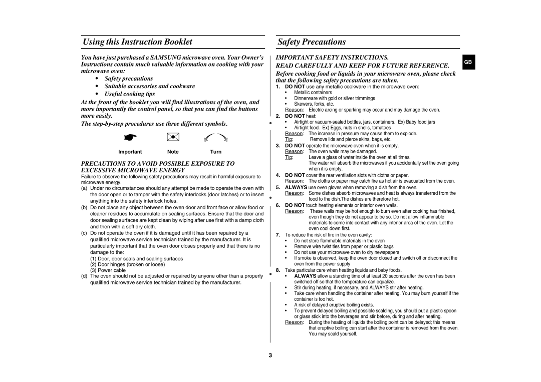 Samsung MW82W/BOL manual Using this Instruction Booklet, Safety Precautions, Important NoteTurn, Do not heat 