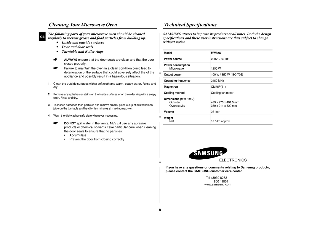 Samsung MW82W/BOL manual Cleaning Your Microwave Oven, Technical Specifications 