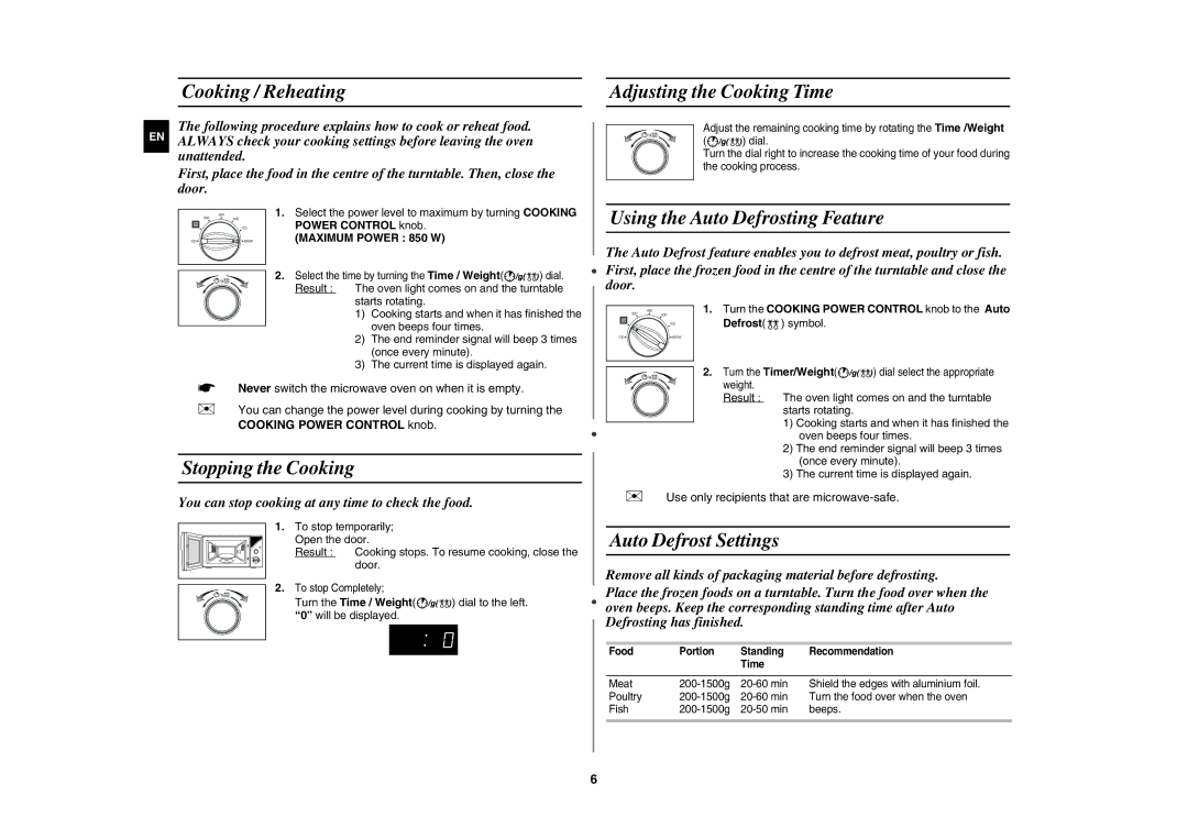 Samsung MW82Y-S/SLI manual Cooking / Reheating, Stopping the Cooking, Adjusting the Cooking Time, Auto Defrost Settings 